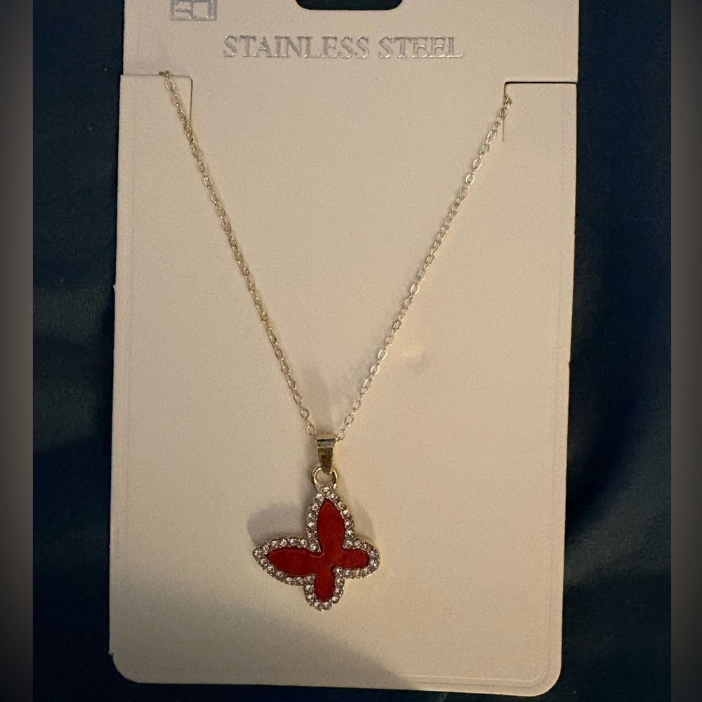 NWT - Stainless Steel - Elegant Red Butterfly Pendant Necklace